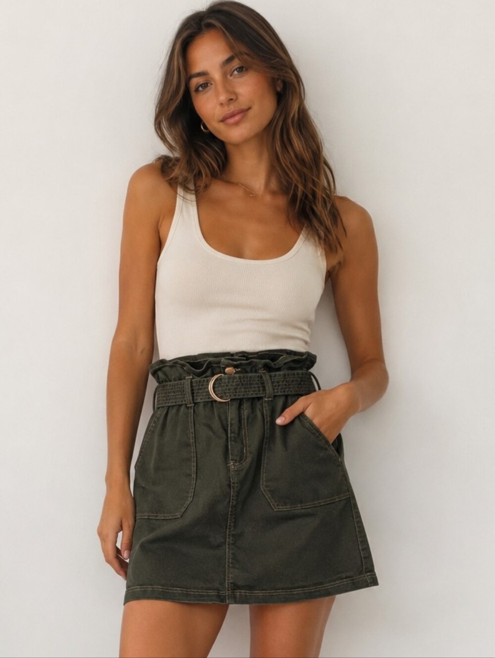 Suko Jeans High-Rise Army Green Khaki Cotton Stretchy Paperbag Mini Skirt Size 6